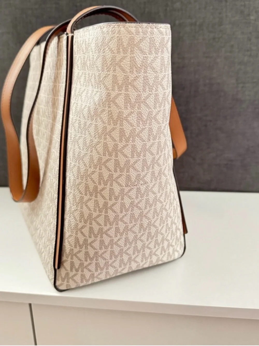 Michael Kors Beige Canvas MK Logo Tote with Brown Trim